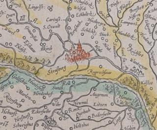 Carte coloriée de la Basse Alsace, avec commentaires en français, extraite de l’atlas de Gérard Mercator, imprimé à Amsterdam, [vers 1585], 47,5 x 58 cm, ADBR 42 J 54 (fonds de la famille de Castex). © Archives départementales du Bas-Rhin