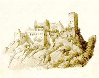 Un château alsacien dessiné par l'archiviste Louis Spach vers 1850-1860. ADBR, 100 J 192. © Archives départementales du Bas-Rhin.