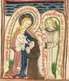 Miniature extraite du codex de Koenigsbrück montrant l’abbesse en position de soumission et d’adoration (taille de la moniale, agenouillement, geste de prière) ; elle est présentée par l’ange gardien à Marie qui tient l’enfant Jésus dans ses bras. 