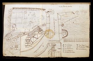 Plan du moulin au château de Cleebourg, daté du 26 janvier 1599.Cote ADBR : E 43. © Pascal Disdier