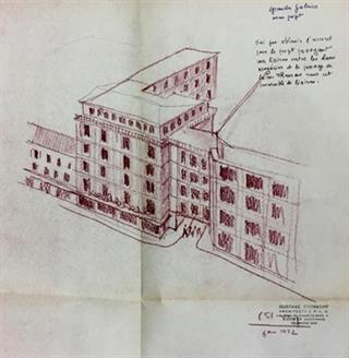 Perspective de 1952, avec notes de l’architecte, de la Galerie marchande « Le Printemps », construite place de l’Homme de fer à Strasbourg sous la direction de C.-G. Stoskopf dans les années 1950 (60 J 57). © Archives départementales du Bas-Rhin