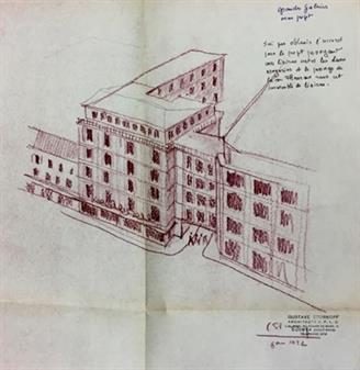 Perspective de 1952, avec notes de l’architecte, de la Galerie marchande « Le Printemps », construite place de l’Homme de fer à Strasbourg sous la direction de C.-G. Stoskopf dans les années 1950 (60 J 57).