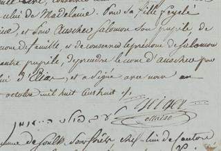 Détail d'une signature extraite du registre de déclaration de prise de nom patronymique des Juifs, Soultz-sous-Forêts, 1808. ADBR 5 E 544/2. © Archives départementales du Bas-Rhin.