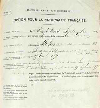 Certificat de nationalité française attribué à Kuhn Antoine, délivré le 23 septembre 1872. ADBR, 414 D 2280. © Archives départementales du Bas-Rhin.