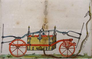 Dessin en couleur d'une pompe à incendie, archives communales déposées de Barr, 18e siècle, ADBR 8 E 21/156/2. © Archives départementales du Bas-Rhin