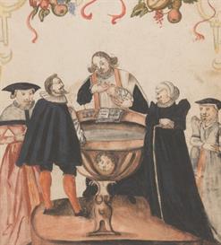 Paroisse catholique d’Hilsenheim, page de garde du registre paroissial des baptêmes, scène de baptême, 1618-1685. ADBR, 3 E 195/1.