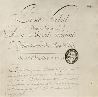  Registre de délibérations et arrêtés du Conseil général du département. Séance du 1er octobre 1791. Cotes Archives Alsace - site Strasbourg : 1 L 491 et 127 NUM 001.