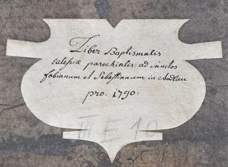 Couverture du registre des baptêmes de la paroisse catholique Saint-Fabien et Saint-Sébastien à Andlau, 1790. ADBR, 3 E 10/29. © Archives départementales du Bas-Rhin.