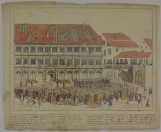 Pillage de l'Hôtel de Ville de Strasbourg Strasbourg le 22 juillet 1789, gravure sur cuivre en couleur, Devere, 1789. © Archives départementales du Bas-Rhin.