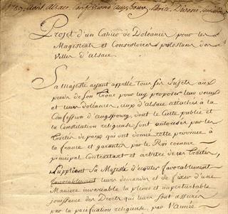 Première page du projet de cahier de doléances des magistrats et consistoires protestants des villes d'Alsace : Colmar, Landau, Munster, Strasbourg, Wissembourg en 1789. ADBR, 2 V 49. © Archives départementales du Bas-Rhin.