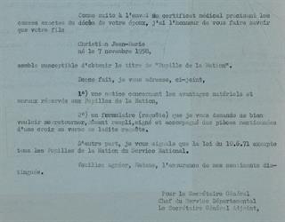 Extrait d'un document conservé dans un dossier de pupille de la nation, demande effectuée par la mère de l'enfant à l'Office national des Anciens combattants et des victimes de guerre, 1974-1975. ADBR, 1088 W 2. © Archives départementales du Bas-Rhin.