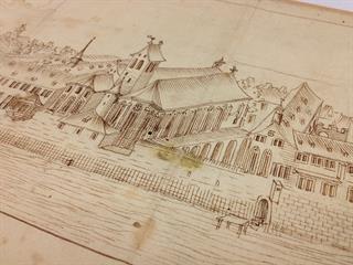 Vue des bâtiments de la commanderie des Hospitaliers de Saint-Jean-de-Jérusalem, dit Couvent de l'Île-Verte, à Strasbourg, avant leur destruction partielle, XVIIe siècle, ADBR H 1414/PLAN. Détail. © Archives départementales du Bas-Rhin