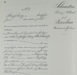 Extrait de l'acte de mariage d'Albert Schweitzer et de Marianne Hélène Bresslau, 15 juin 1912 à Strasbourg, acte consultable sur Adeloch. ADBR 4 E 482/631. © Archives départementales du Bas-Rhin.