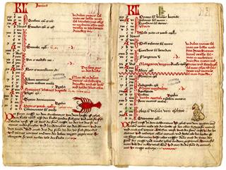 Calendrier zodiacal de l'abbaye de Koenigsbruck : mois de juillet et août, avec représentation des signes zodiacaux du cancer et du lion, 15e siècle. ADBR, 12 J 2035. © Archives départementales du Bas-Rhin.