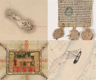 De gauche à droite et de bas en haut : détail d'un plan cadastral de Grandfontaine, cotes 119 NUM 2030 e t3 P 131/21 ; détail d'une charte fin XIIe siècle cotée 151 NUM 93 et G 2705/5 ; détail d'une charte de 1005 cotée 151 NUM 342 et H 2611/1.